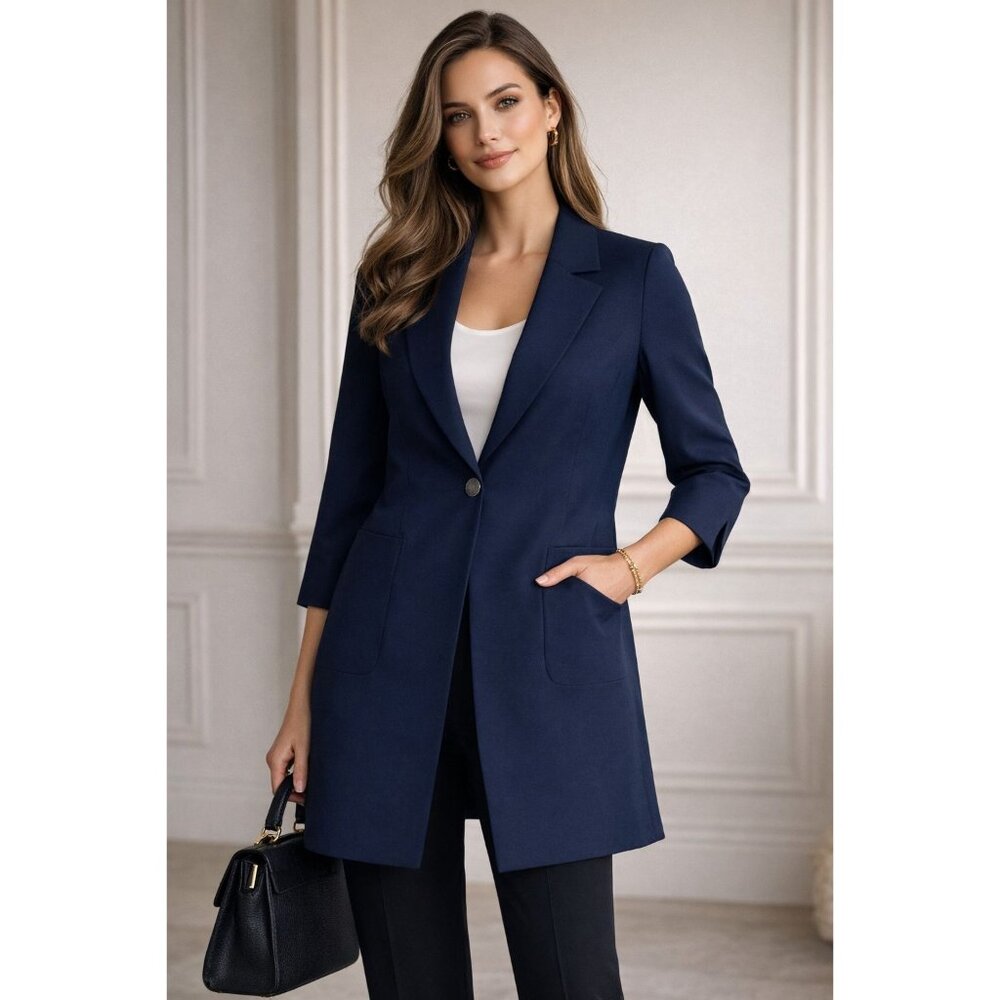 Quiet Luxury Elie Tahari Navy Longline Jacket | Corporate Chic Minimalist | L